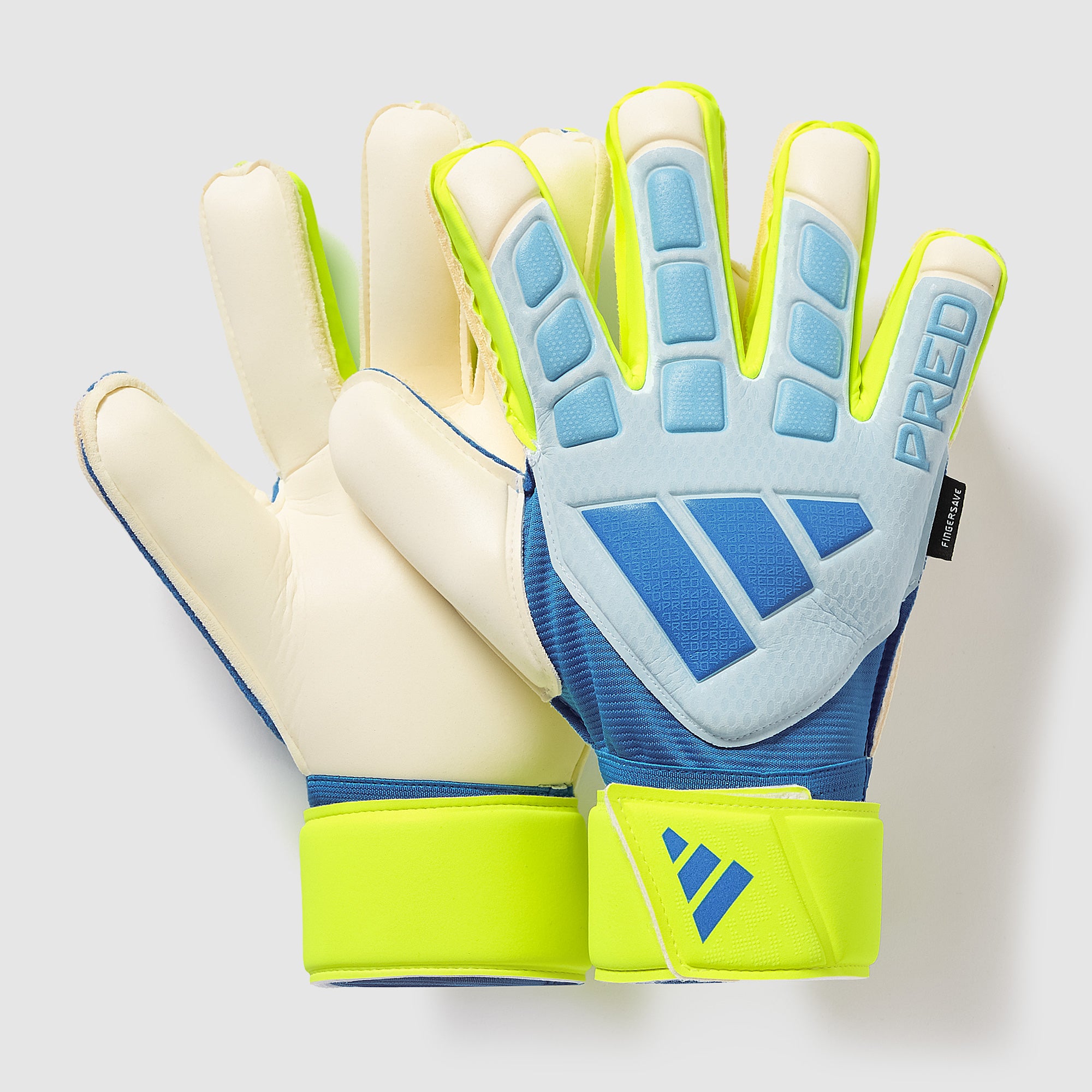 adidas Predator Match Fingersave Torwarthandschuhe – Crystal Sky/Ray Blue/Solar Yellow – Torwarthandschuhe für Herren